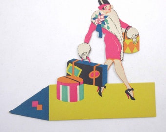Vintage 1920s or 1930s Art Deco Place Card with Fabulous Lady and Hat Boxes