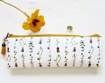 Art gifts, Waterproof Pencil Case, Botanical inspired print, flower stems, vegan leather, brush bag, crochet storage, pen pouch, pencil bag.