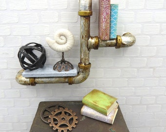 Steampunk shelf with books and ammonite on pipes in 1:12 scale