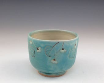 Handmade Yunomi With Turquoise Glaze and Vine and Flowers
