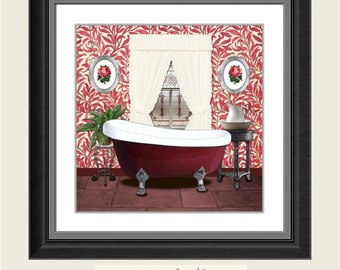 SALE Red Burgundy Bathroom Printable Art Print Wall Decor INSTANT DOWNLOAD Digital Old Picture 8x8 inches 1/2 price