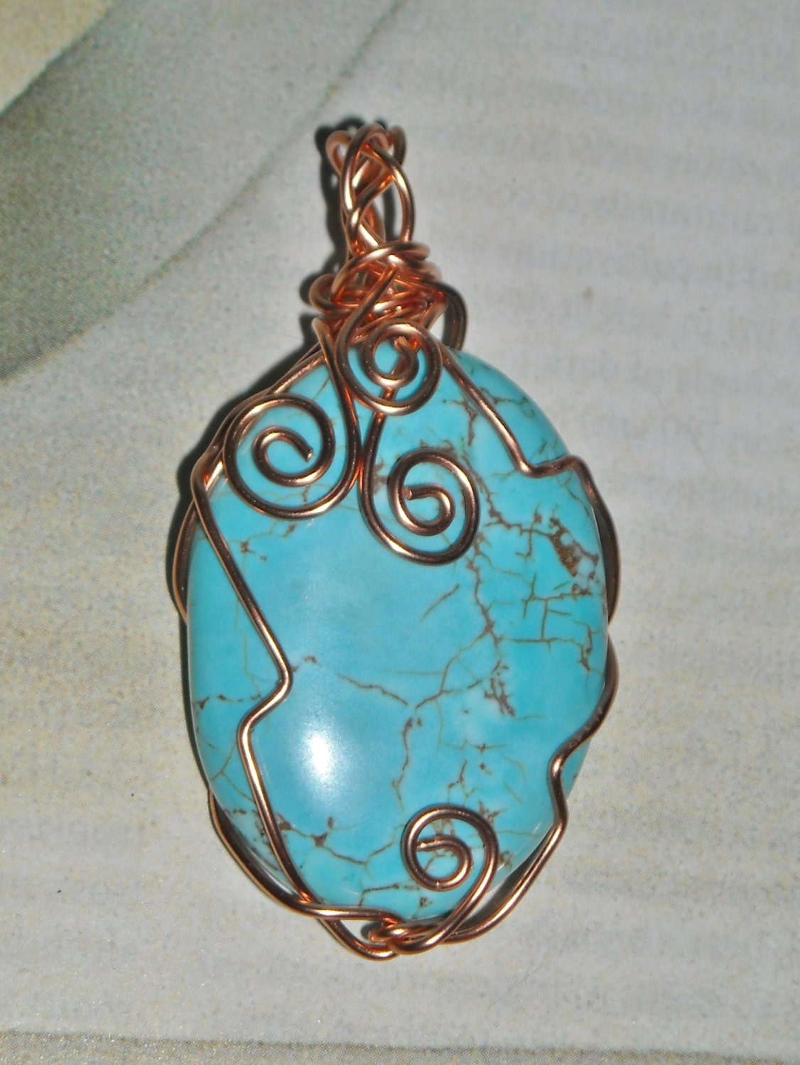 Turquoise Copper Wire Wrapped Pendant Hand Crafted Wire