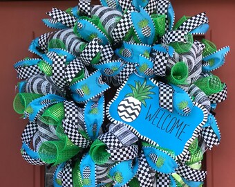 Welcome pineapple deco mesh door wreath