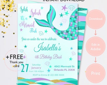 Mermaid Invitation Glitter, Mermaid Invitation, Mermaid Party, Mermaid Birthday, Purple Invitation, Green Tail Mermaid