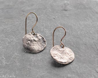 Rustic sterling silver disk earrings with gold-filled ear-wires