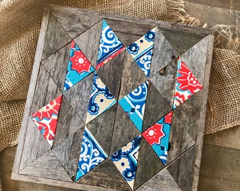 Red & Blue Whimsical Rustic Barn Quilt (w/ Fabric Blocks)