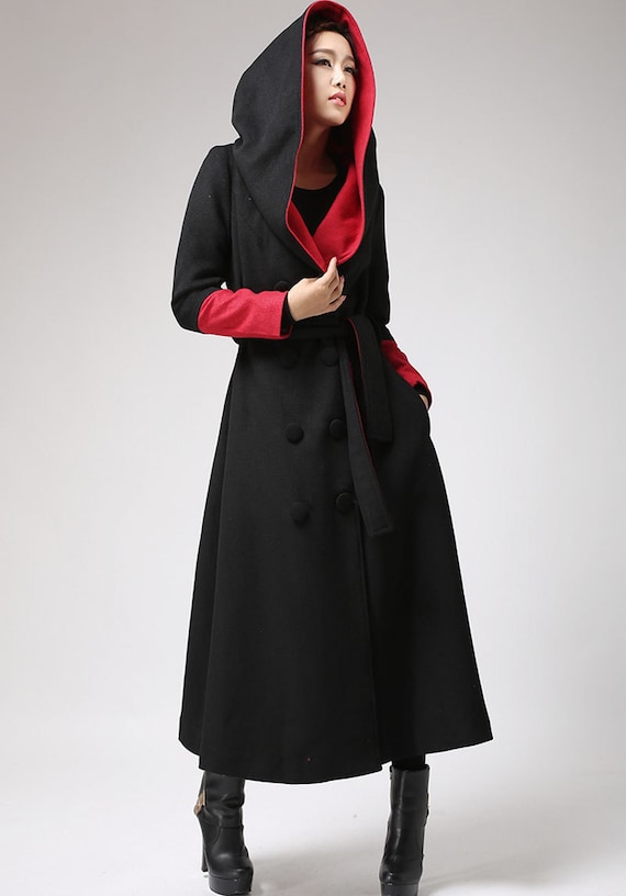 oversized coat Long wool coat Black and Red trench coat