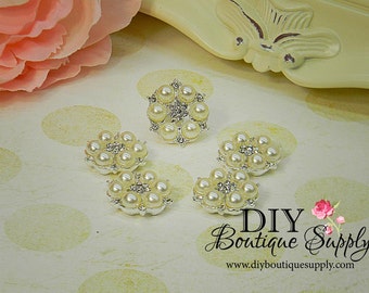Pearl and Rhinestone button Flatback Metal Embellishment flower Bow centers Baby Headbands invitations crystal bouquet 5 pcs 23mm 064023