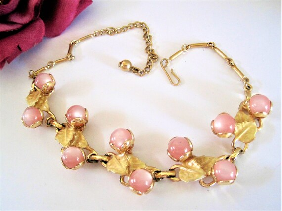 Pink Moonglow Choker, Gold Enamel Leaves, Lucite Stones, Wedding Choker