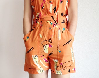 Vintage 80s romper playsuit / orange graffiti cotton sunsuit / jumper tank top shorts suit / deadstock novelty jumpsuit / size S small