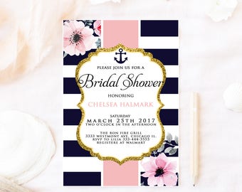 Nautical bridal shower invitation,nautical bridal shower invitation,navy bridal shower invite,nautical baby shower invitation, nautical baby