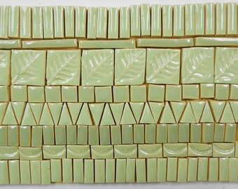 150+ Mosaic Tiles Handmade Ceramic Crafting Tiles Stoneware Art Tiles Pastel Green Tones Glazed Craft Tiles Assortment #5