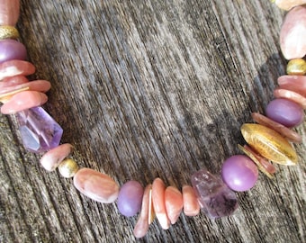 Rhodochrosite Necklace with Phosphosiderite and Amethyst