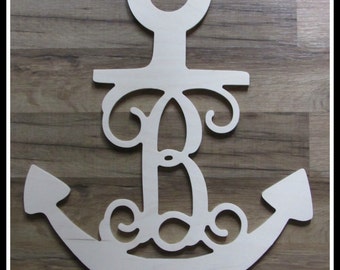 Anchor Door Hanger with Monogram Letter - Unpainted Wood - 22" size - Wooden Letter Decor - Wall Hanging - Nautical decor -Navy - Sailing