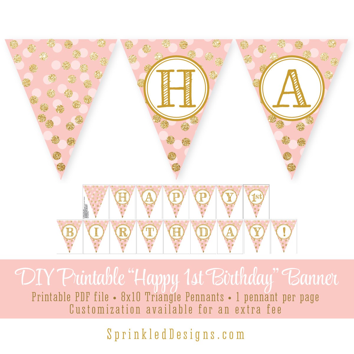 blush pink gold glitter happy 1st birthday 60th printable