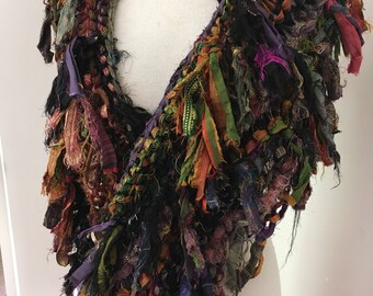 sale silk scarf, silk collar, recycled silk scarf, hand knitted scarf, boho tattered rag scarf, woodland capelet