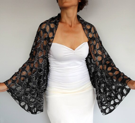 Black Silver Lace Bolero Long Sleeved Shrug Shoulder Coverup