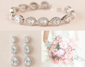 Bridal Earrings, Teardrop Wedding Bracelet, Bridal Jewelry SET, Rose Gold, Gold, Swarovski, Teardrop Bridal Earrings, Maddie Bridal Jewelry