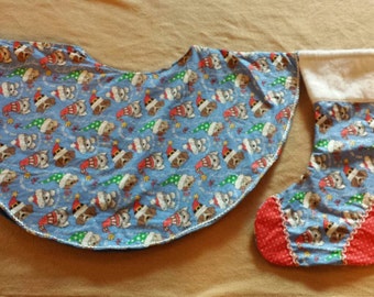 One of a kind Santa puppies Christmas tree skirt and stocking Made and ready to ship