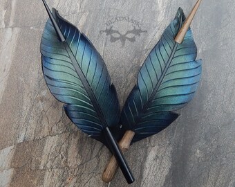 Iridescent Crow Feather Leather Hair Slide or Shawl Pin, Black Raven Feather Hair Accessory, Hair Stick Barrette with Medium Spacing