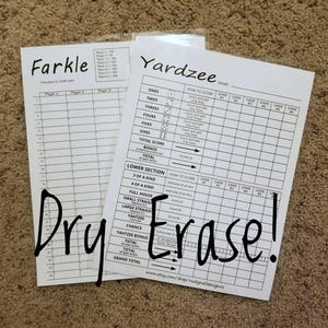 Yardzee Yahtzee Score Sheet Scorecard Double-Sided Dry Erase Scorecard Yardzee/Farkle - Pack of 5 - Laminated 8-1/2x11 Cardstock