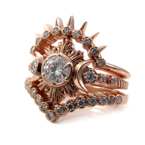 MoonFire Enagement Ring Set - 14k Rose Gold with Diamond or Moissanite Center Stone and Double Diamond Wedding Bands