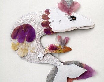 SALE White Fish with Baby / makeforgood / Hand Painted Numbered Articulated Illustration