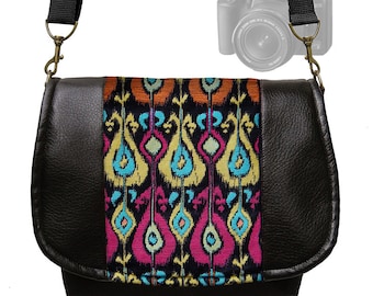 CLEARANCE DSLR Camera Bag Purse Slr Vegan Leather Camera Bag Black Ikat Tapestry Zipper Padded Deluxe Model fuschia orange MTO