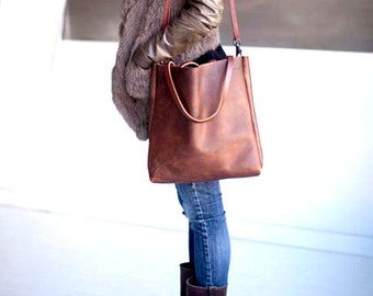 Brown Leather Tote Bag - brown leather tote - Distressed Brown Leather Travel Bag - Leather Market bag - crossbody bag- Sale
