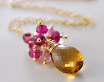 Beer Quartz Necklace, Genuine Deep Pink Tourmaline, AAA Gemstone, October Birthstone, Sterling Silver or Gold Filled Jewelry, Free Shipping