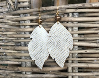 Gold Metallic and White Leather Leaf with Vintage Glass Bead - Dangle Earrings, Genuine Leather, Statement Earrings