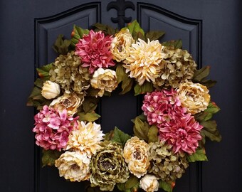 Spring Hydrangea Wreath - Spring Peony Wreath - Spring Wreath - Spring Dahlia Wreath