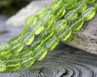 Glass Leaf Beads 25Pc, 8х10mm Czech Glass Beads, Olivine Leaf