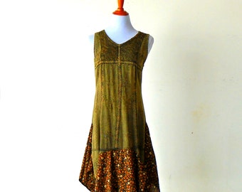 Size S-M Retro Vintage Harvest Tea Length Prairie Girl Dress gypsy lagenlook teen handmade upcycled clothing hippie boho chic wearable art
