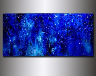Blue Abstract Painting, Original Contemporary Modern Canvas art Rich textured Blue painting by Henry Parsinia Large 48x24
