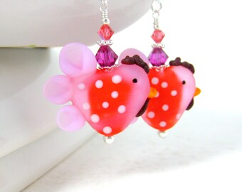 Chicken Earrings, Bird Earrings, Pink Orange Red Earrings, Funny Earrings, Polka Dot Lampwork Earrings Farm Animal Earrings Rooster Earrings
