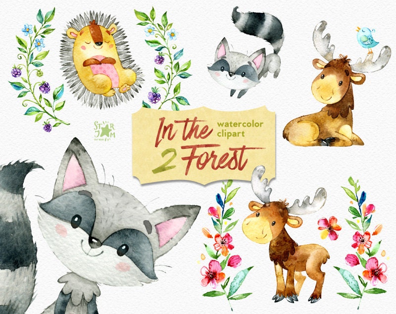 In the Forest 2. Watercolor animals clip art elk hedgehog