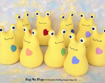 Custom Stuffed Slug, Handmade Stuffed Animal Plush Kids Baby Art Toy, Hug Me Slug, Personalized Tag, Yellow Fleece, Choice of Heart, 9 inch
