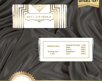 Printable Great Gatsby Art Deco Candy Bar Wrapper, White and Gold, Gatsby Party Decoration, Digital File, EDITABLE text - DOWNLOAD Instantly