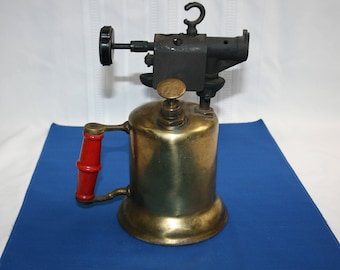 Vintage Turner Brass Works model 30AT Blow Torch with Label and Heat Shield Collectible Memorabilia Metalware Tools Steampunk Crafts