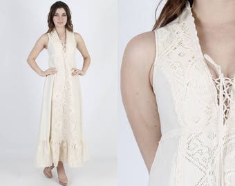 Gunne Sax Dress Wedding Dress Prairie Dress Renaissance Bohemian Dress Crochet Dress Vintage 70s Cream Floral Lace Corset Maxi Sun Dress S