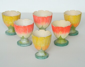 Indonesian Bali Hand Carved Orange and Yellow Painted Egg Holders Vintage set of 6