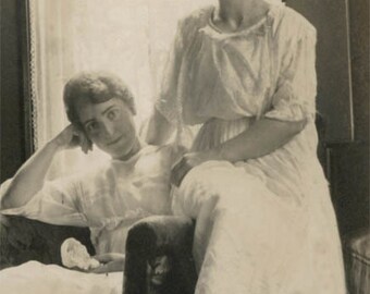 vintage photo 1920 Sisters Sit Summer White Dresses Sunlit Window on Chair
