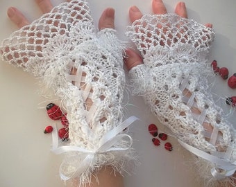 Crocheted Cotton Gloves L Ready To Ship Victorian Fingerless Summer Women Wedding Lace Evening Hand Knitted Party Opera White Corset B62