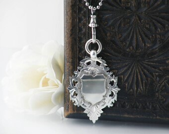 Victorian Sterling Silver Medal | Ornate Antique Medal | 1893 English Hallmarked Silver Fob Medallion, Sterling Fob Clip - 30 Inch Chain