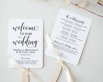 Wedding Program Fan Template, Calligraphy Script Printable Program, Instant Download, DIY Ceremony Program Fan, Kraft Paper, WPC_1169