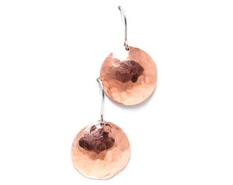 Round Copper Earrings - Hammered Dome Earrings - Hammered Dangle Earrings - Copper Dangle - Round Dome Copper Earrings - Copper Ears
