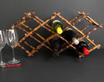 Vintage Bamboo Wine Rack Mid Century Collapsing Bottle Holder Expanding