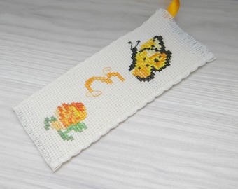 Cross stitch initial bookmark personalised, embroidery rose, butterfly,booklovers