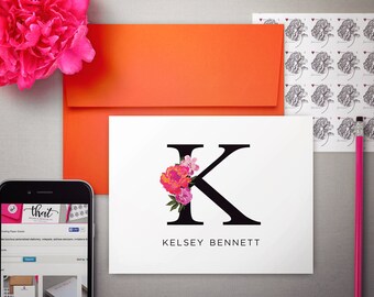 Personalized Stationary Set | Monogrammed Note Cards | Personalized Thank You Notes | FLORAL INITIAL | Folded Notecards